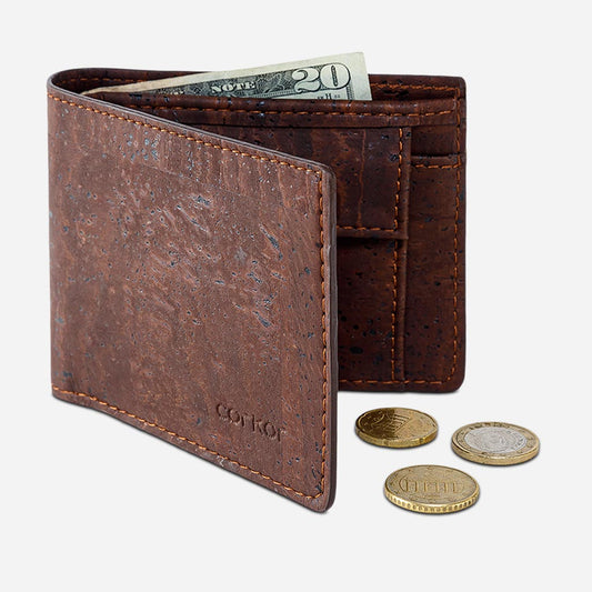 Front Side of The Vegan Minimalist Cork Wallet with coin pocket. Brown Cork.
