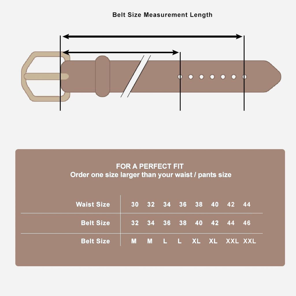 Instructions for a perfect fit. Belt size and waist size.