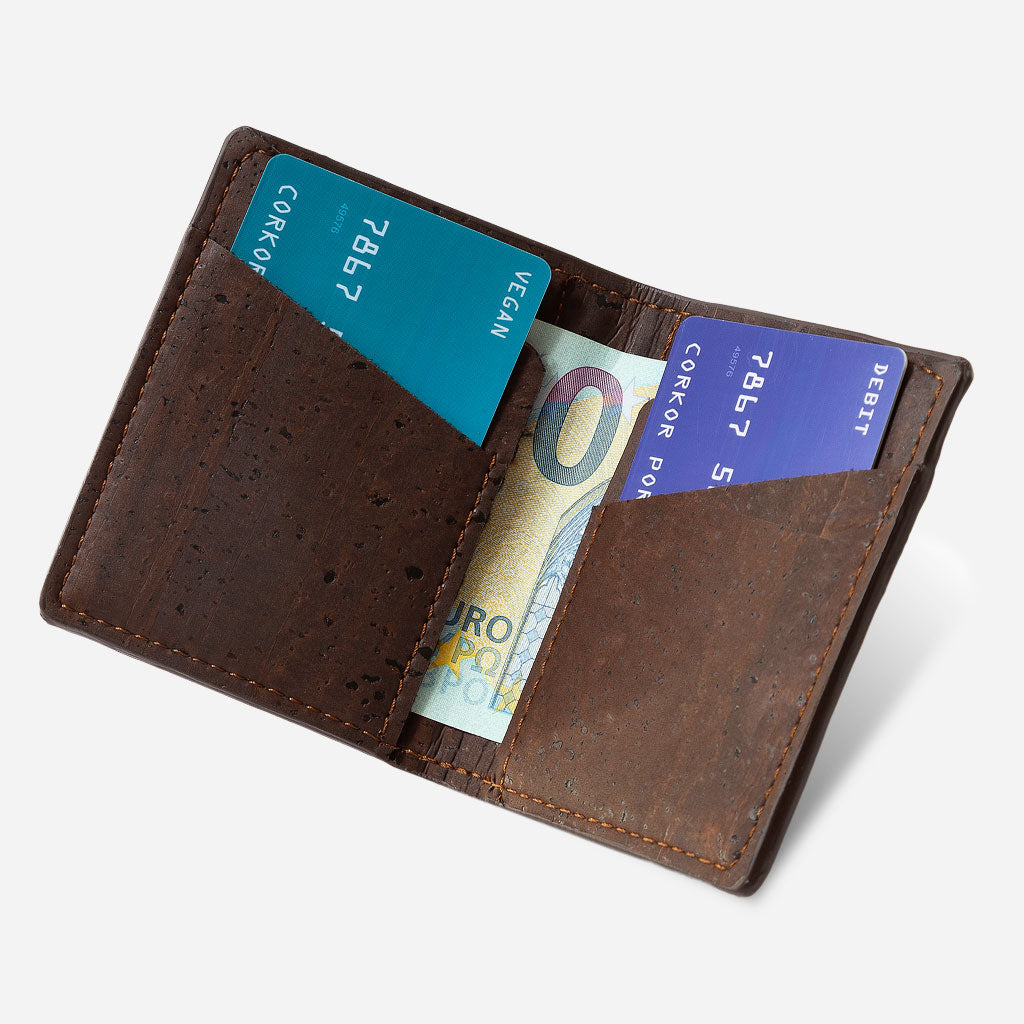 Open View of The Vegan Minimalist Slim Cork Wallet. Brown Cork.