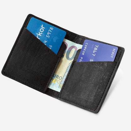 Open View of The Vegan Minimalist Slim Cork Wallet. Black Cork.