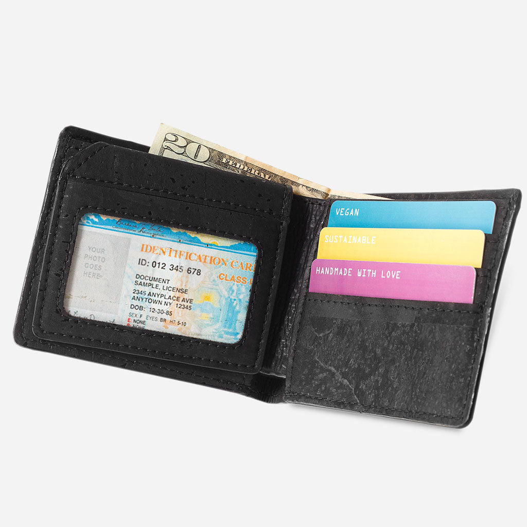 Open View of The Cork Passcase Wallet. Black Cork.