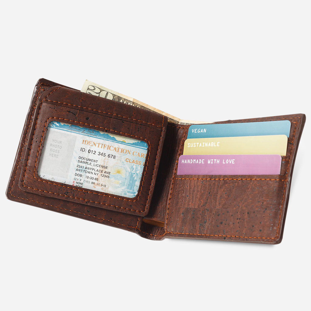 Open View of The Cork  Passcase Wallet. Brown Cork.