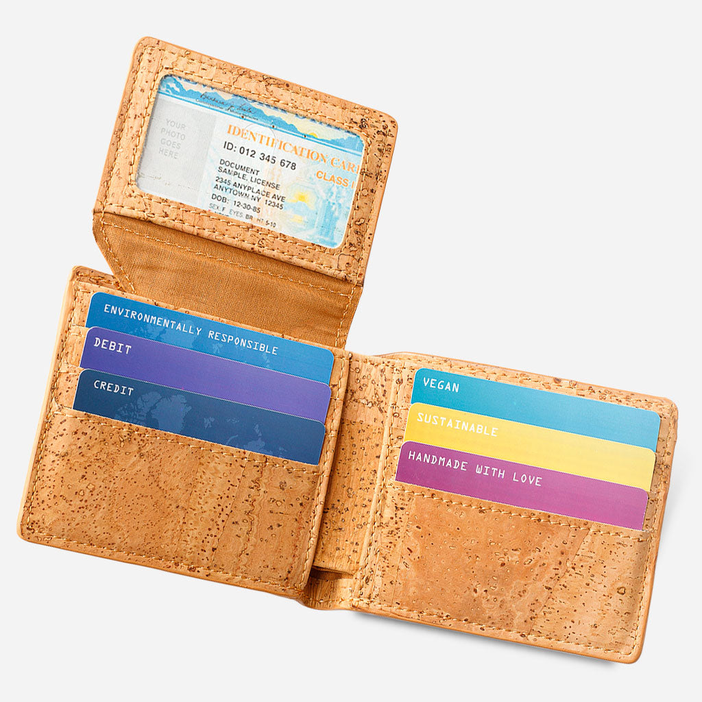 ID Flap of The Cork Passcase Wallet. Open View. Light Brown Cork.