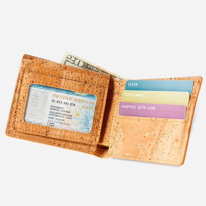 Open View of The Cork Passcase Wallet. Light Brown Cork.