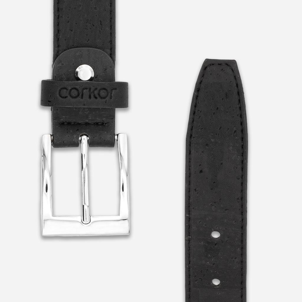 Square silver-tone buckle and strap of a cork belt for men.