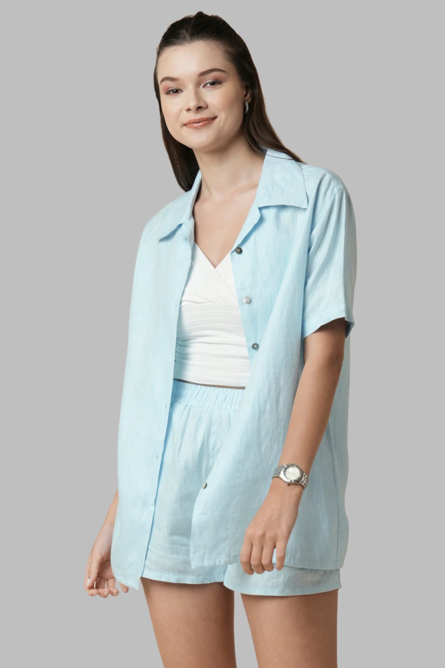 Light Blue Calm Half Sleeves Shirt for Women - 100% Hemp, Breathable and Comfortable. The calm to your closet: This classic resort collar shirt effortlessly complements any item in your wardrobe, making it a versatile and foolproof choice for any occasion.