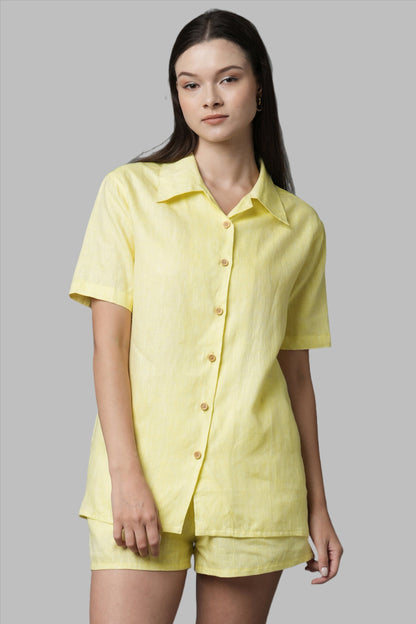 Yellow Calm Half Sleeves Shirt for Women by B Label is the perfect addition to your closet. Made with 100% hemp, this breathable and comfortable shirt is sustainable fashion at its best. With a resort collar and available in both half and full sleeves, it effortlessly complements any item in your wardrobe, making it a versatile choice for any occasion.