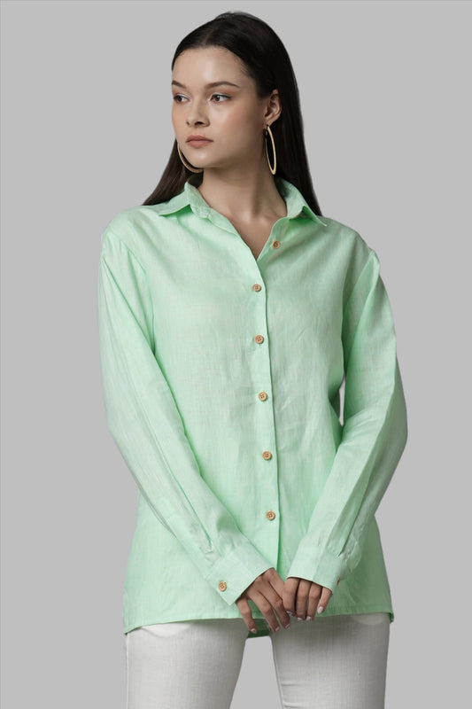 The Mint Calm Half Sleeves Shirt for Women by B Label brings a sense of calm to your closet. Made with 100% hemp, this sustainable clothing option is breathable and comfortable for everyday wear. The classic resort collar and versatile design make it the perfect choice for any occasion.